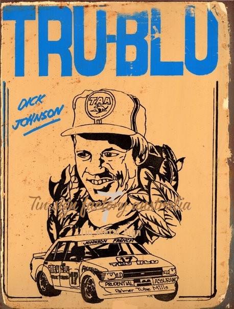 TRU-BLU DICK JOHNSON Rustic Look Vintage Tin Metal Sign Man Cave, Shed-Garage and Bar