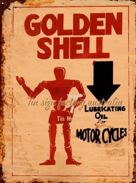 GOLDEN SHELL Rustic Look Vintage Tin Metal Sign Man Cave, Shed-Garage and Bar