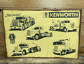 A vintage style sign featuring hand-drawn illustrations of Kenworth trucks, predominantly in black and white, with the brand name 'Kenworth' displayed prominently at the top.