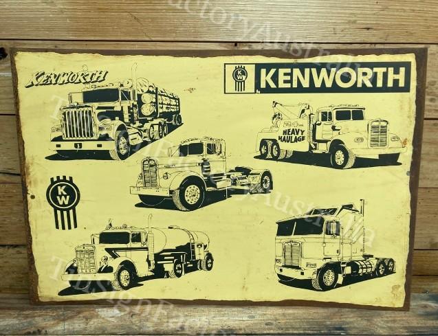A vintage style sign featuring hand-drawn illustrations of Kenworth trucks, predominantly in black and white, with the brand name 'Kenworth' displayed prominently at the top.