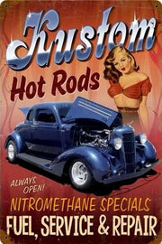 KUSTOM HOT RODS Rustic Retro/Vintage Home Garage Wall Cafe Resto or Bar Tin Metal Sign