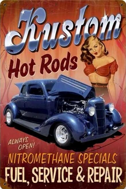 KUSTOM HOT RODS Rustic Retro/Vintage Home Garage Wall Cafe Resto or Bar Tin Metal Sign