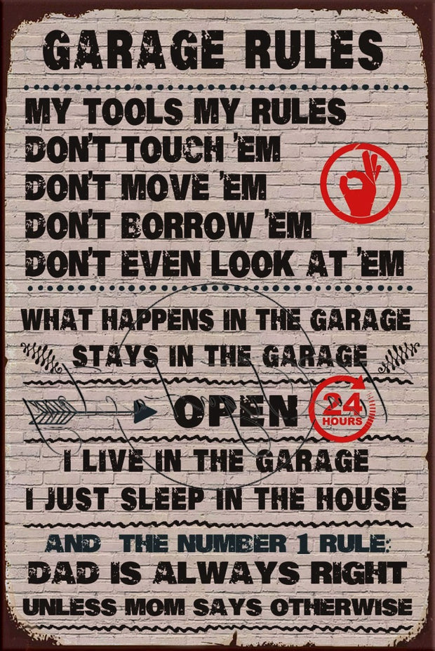 MY GARAGE RULES Retro/ Vintage Tin Metal Sign Man Cave, Wall Home Décor, Shed-Garage, and Bar