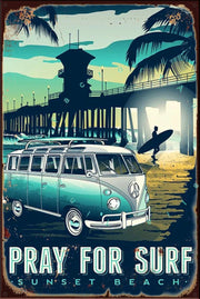 PRAY FOR SURF Rustic Look Vintage Shed-Garage and Bar Man Cave Tin Metal Sign
