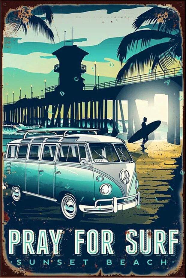 PRAY FOR SURF Rustic Look Vintage Shed-Garage and Bar Man Cave Tin Metal Sign