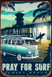 PRAY FOR SURF Rustic Look Vintage Shed-Garage and Bar Man Cave Tin Metal Sign