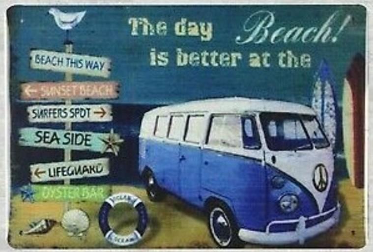 THE DAY IS BETTER AT THE BEACH OLD CAR Tin Metal Sign Beach Home Wall Decor