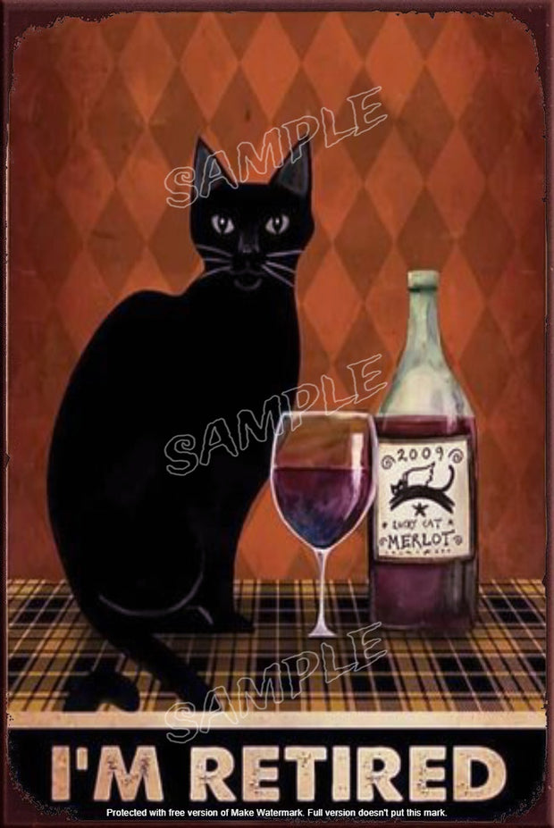 RETIRED BLACK CAT Retro/ Vintage Tin Metal Sign Man Cave, Wall Home Décor, Shed-Garage, and Bar