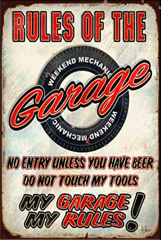 RULE OF THE GARAGE Rustic Look Vintage Shed-Garage and Bar Man Cave Tin Metal Sign