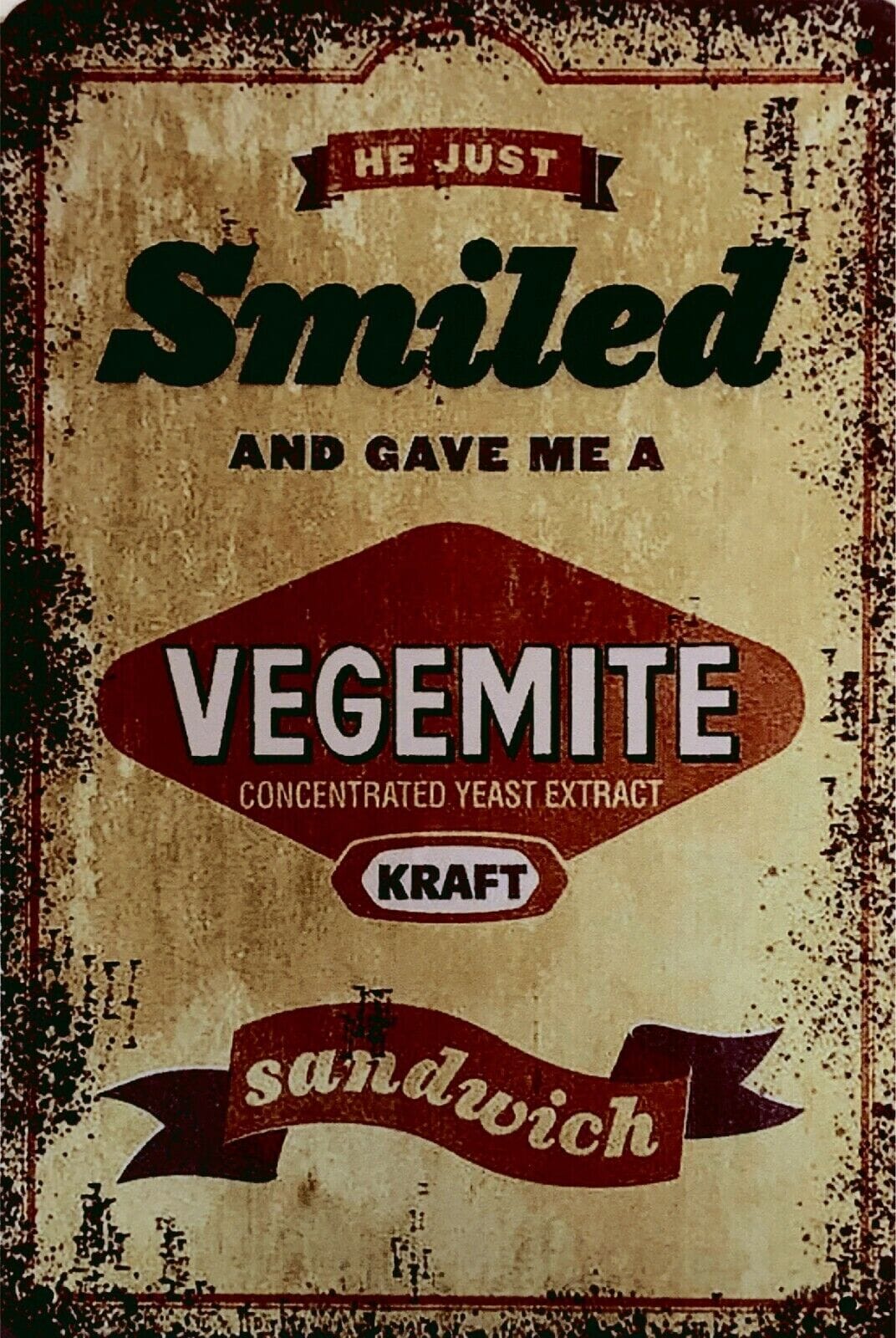 Brand new Vegemite sandwich smile tin metal sign free postage - Tin Sign Factory Australia