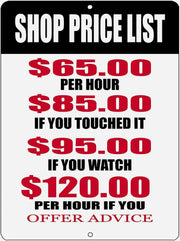 SHOP PRICE LIST ADVISE Retro/Vintage Metal Plaque Sign Style Man Cave Garage Work Office