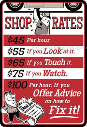 SHOP RATES PER HOUR Rustic Retro/Vintage Home Garage Wall Café Resto or Bar Tin Metal Sign