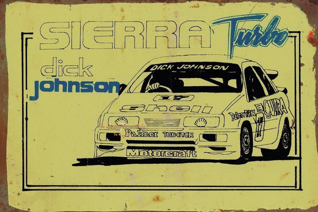 DICK JOHNSON SIERRA TURBO Rustic Look Vintage Tin Metal Sign Man Cave, Shed-Garage and Bar