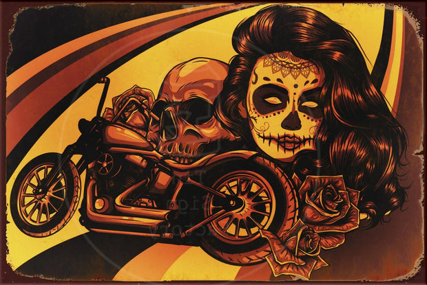 SKELETON GIRL-MOTORCYCLE Rustic Look Vintage Shed-Garage and Bar Man Cave Tin Metal Sign