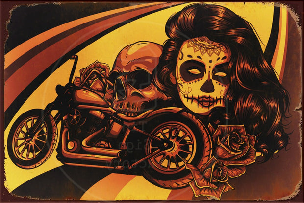 SKELETON GIRL-MOTORCYCLE Rustic Look Vintage Shed-Garage and Bar Man Cave Tin Metal Sign