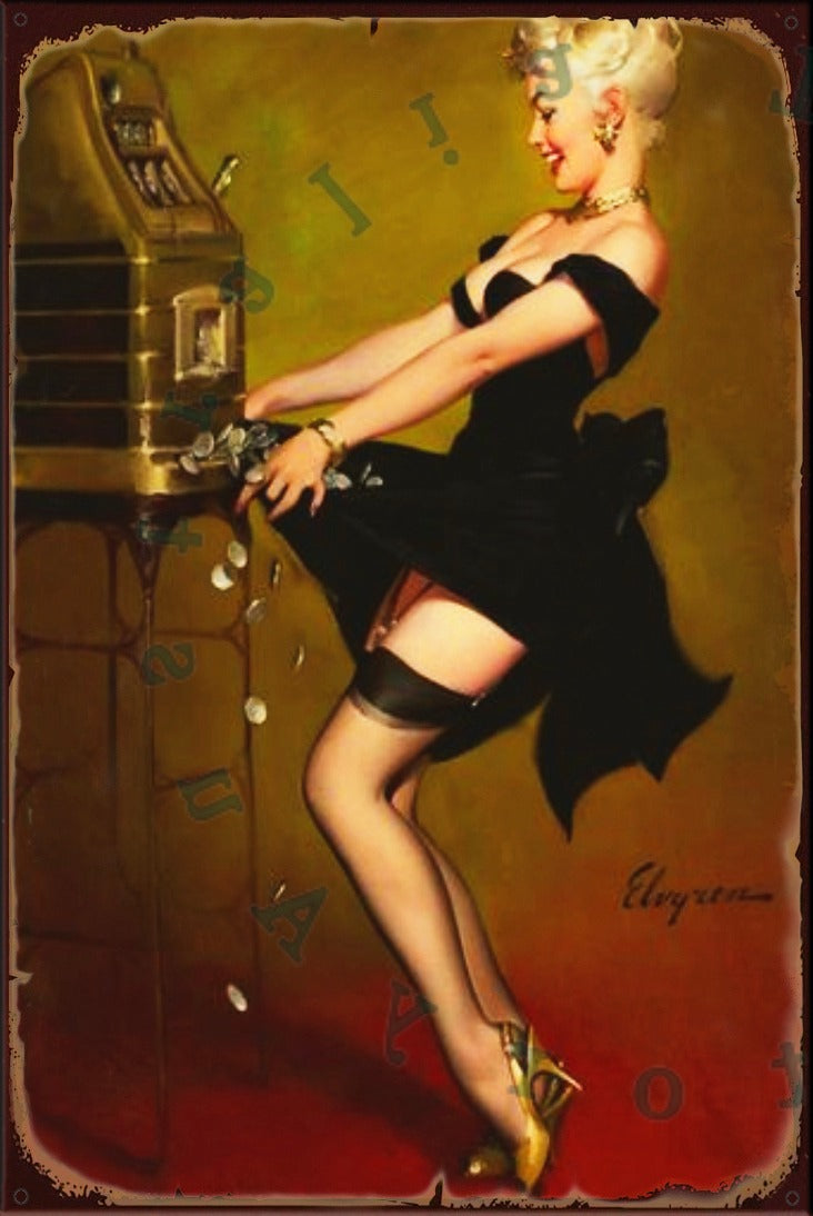 SLOT MACHINE PINUP Rustic Look Vintage Shed-Garage and Bar Man Cave Tin Metal Sign