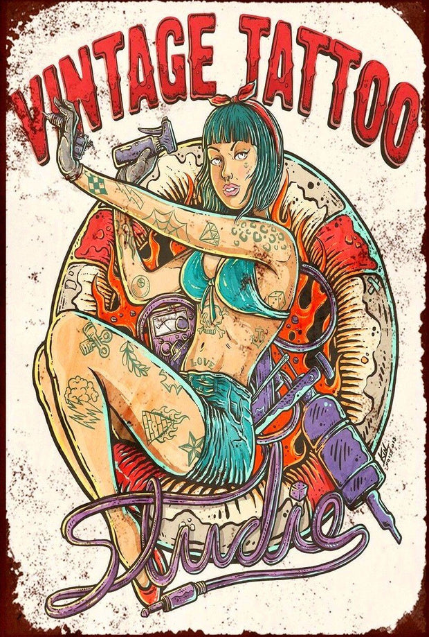 Vintage Tattoo Girl Vintage Retro Workplace Plaques Ideal Gift Metal Tin Sign