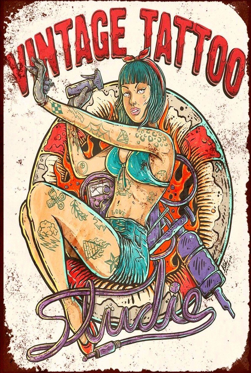 Vintage Tattoo Girl Vintage Retro Workplace Plaques Ideal Gift Metal Tin Sign