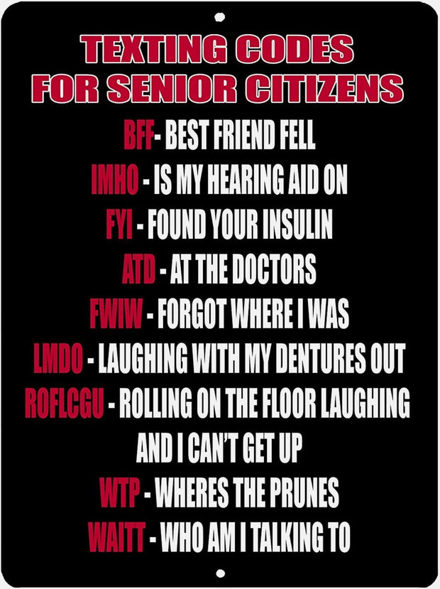 TEXTING CODES FOR SENIOR CITIZENS Retro/Vintage Metal Plaque Sign Style Man Cave Garage Work Office