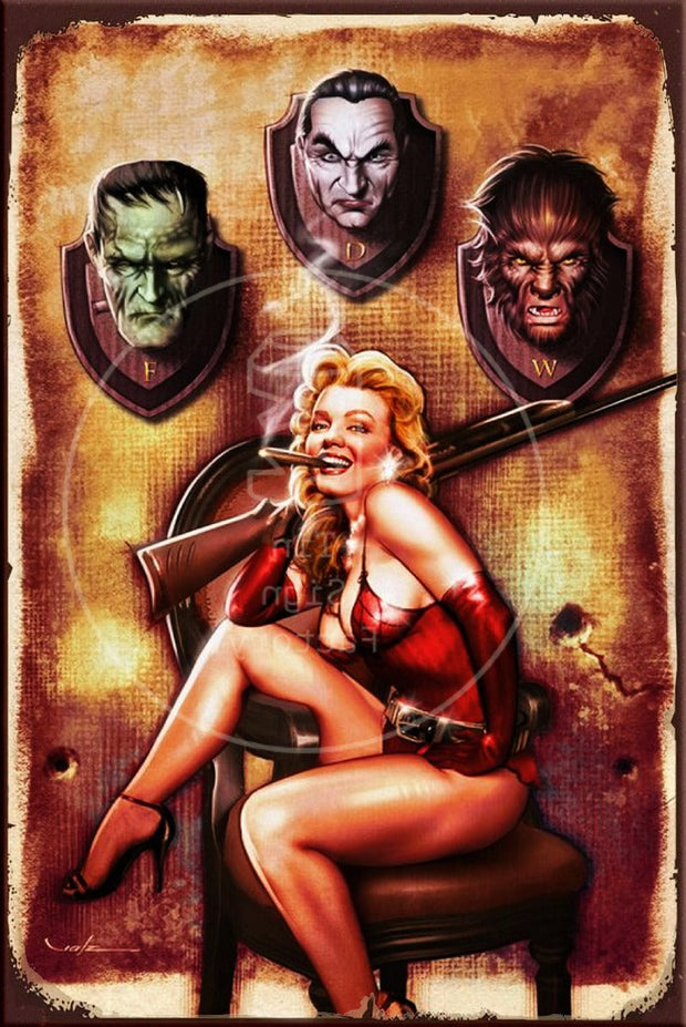 THE HUNTRESS Rustic Look Vintage Shed-Garage and Bar Man Cave Tin Metal Sign