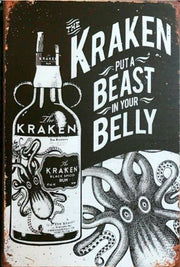 the kraken black spiced Rum new tin metal sign MAN CAVE