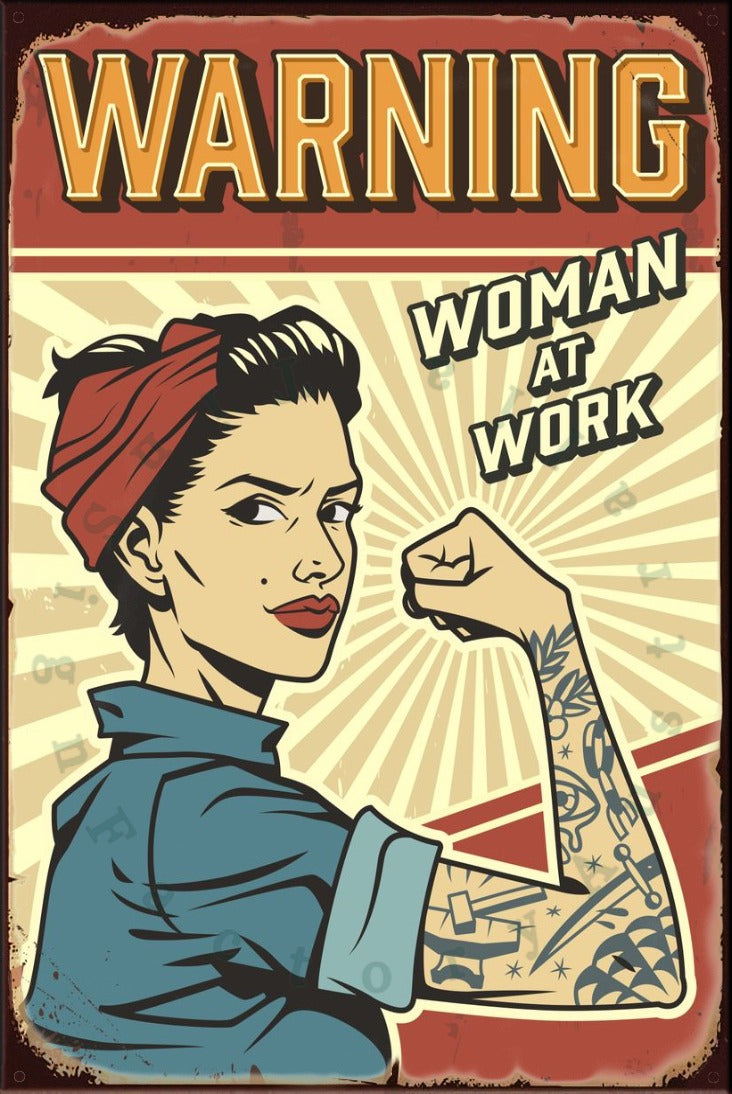 WARNING WOMAN AT WORK Rustic Look Vintage Shed-Garage and Bar Tin Metal Sign