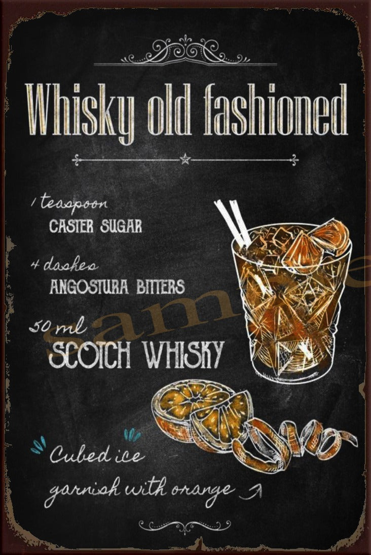 WHISKY OLD-FASHIONED Retro/ Vintage Wall Art Home Décor, Shed-Garage and Bar Tin Metal Sign