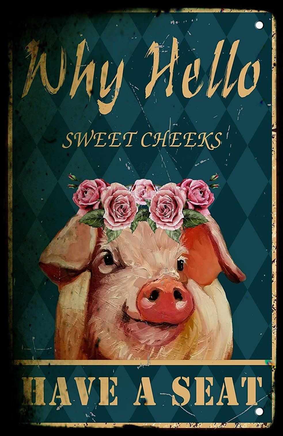 WHY HELLO-FARM PIGGY Funny Bathroom Retro/ Vintage Wall Poster Home Office Workplace Restaurant Farmhouse Toilet Tin Metal Sign